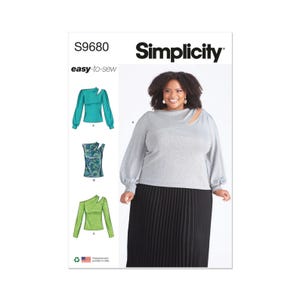May include: Simplicity sewing pattern S9680 for a top with a cutout neckline and long sleeves. The pattern envelope displays three variations: a teal polka dot top, a blue and green patterned sleeveless top, and a lime green long-sleeve top.