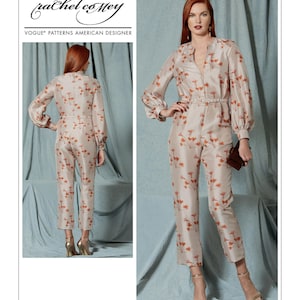 May include: A beige jumpsuit with a floral print and a V-neck. The jumpsuit has long sleeves with a gathered cuff and a belt at the waist. The model is wearing gold heels. V1523