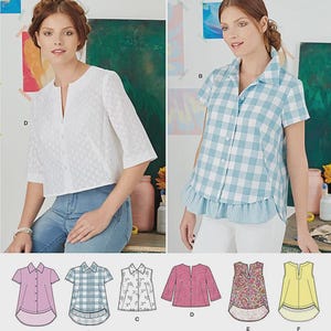 May include: Simplicity 8090 easy-to-sew pattern envelope featuring two views of a button-down shirt. View D shows a white eyelet fabric shirt with a split neckline. View B shows a light blue and white gingham shirt with a ruffled hem.