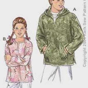May include: A sewing pattern illustration featuring two garments: a green camouflage print hooded pullover with a front kangaroo pocket labeled A, and a long-sleeved pink floral print top with a round neckline and side slits labeled B.