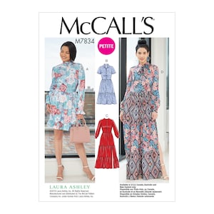 May include: McCall's M7834 Petite sewing pattern featuring four dress designs. The dresses include a floral print dress, a blue tiered dress, a red dress, and a floral print maxi dress. The Laura Ashley pattern is available in the USA, Canada, Australia, and New Zealand.
