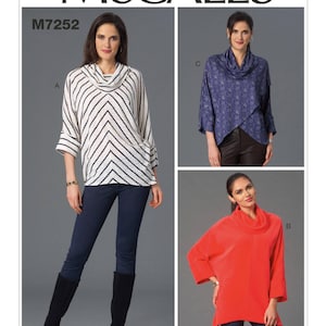 May include: McCall's sewing pattern M7252 for a cowl neck top with three different style variations. The pattern includes a striped top, a patterned top, and a solid top.