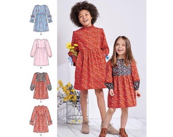 Simplicity 8708 Sewing Pattern - Girl's Dress, Sleeve Variations, Contrast Skirt, Trim Options - Size 3-6 or 7-14