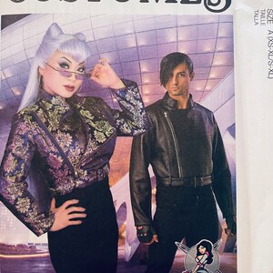 May include: A sewing pattern for a costume with a black leather jacket and a purple and gold patterned jacket. The pattern is for sizes XS-XL and is from McCall's.