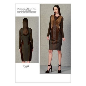 May include: A sewing pattern for a dress with a brown and green color scheme. The pattern is from the Donna Karan Collection and is labeled V1409. The pattern is for a Vogue pattern.