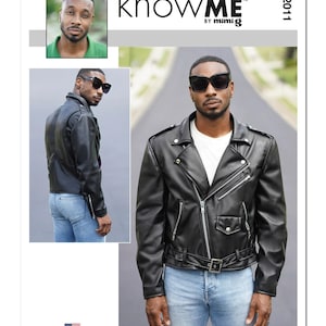 May include: A black leather jacket with silver zippers and a belt, worn with light blue jeans. The image includes the text "knowME" and a portrait of a man. Designed and printed in USA.