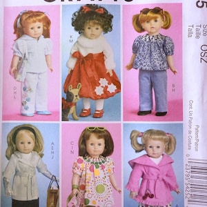 May include: A sewing pattern for making doll clothes. The pattern includes instructions for making a variety of outfits, including a dress, a skirt and top, a coat, and pants. The pattern is for dolls that are 18 inches tall.