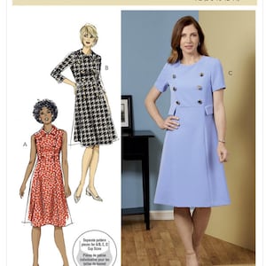 May include: Butterick sewing pattern B6871, featuring illustrations of three different dress designs. The pattern includes a red floral print dress, a black and white houndstooth dress, and a light blue dress with gold buttons. Designed and printed in the USA.
