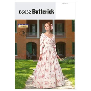 May include: A vintage-inspired sewing pattern for a white dress with a floral print. The pattern is from Butterick and is labeled B5832. The pattern is for a dress with a fitted bodice and a full skirt.