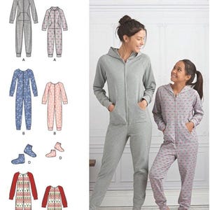 May include: Simplicity pattern 8520 features a variety of hooded jumpsuit designs. The image shows a woman and a girl wearing gray and patterned jumpsuits. The pattern includes options for different colors and prints, with a zipper closure and pockets.