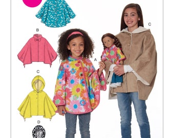Mccall's m7460 children's/girls'/18" dolls stand-up collar or hood ponchos sewing pattern  size 3-6 or 7-14/ uncut ff