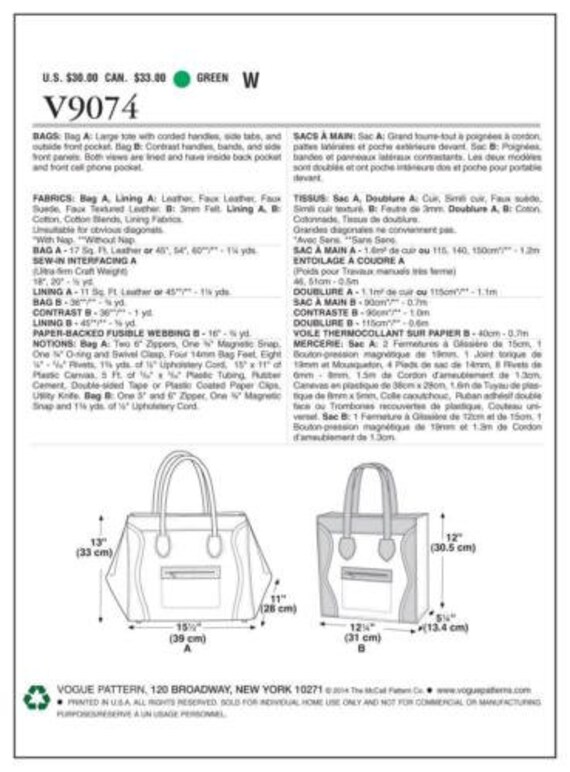  VOGUE PATTERNS V9074 Bag Sewing Templates, One Size : Arts,  Crafts & Sewing