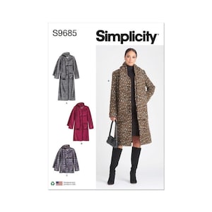 May include: A Simplicity sewing pattern featuring three coat designs. The main image shows a woman wearing a long, patterned coat with a black dress and boots. The pattern includes options for a long coat, a shorter coat, and a hooded coat.