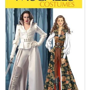 May include: McCall's Costumes pattern featuring two costume designs. One design is a white jacket, pants, and boots ensemble with a sword. The other is a floral print coat, brown pants, and black boots. The pattern is for cosplay or theatrical use.