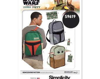 以下が含まれることがあります： スターウォーズ：ボバ・フェットのバックパックとアクセサリーをフィーチャーしたSimplicityのホームソーイングパターン。画像には、オレンジと赤のアクセントが付いた緑色のバックパック、灰色のバックパック、ベビーヨーダのバックパックが表示されています。