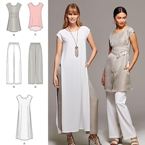 May include: Simplicity easy-to-sew pattern featuring women's fashion designs. The image shows two women wearing different outfits, including a white tunic with side slits and a gray wrap top. The pattern includes various top and pant styles.
