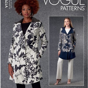 May include: Vogue Patterns V1792. The image showcases two coat designs. One coat is cream-colored with a black floral print, while the other is navy blue with a landscape design. The text "TODAY'S FIT" and "VOGUE PATTERNS" are also visible.