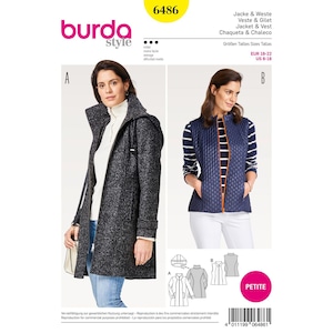May include: A Burda Style pattern featuring a jacket and vest. The jacket is a dark gray, textured coat with a hood and zipper. The vest is navy blue with a quilted pattern and orange trim. The pattern includes sizes EUR 16-22 and US 6-18.