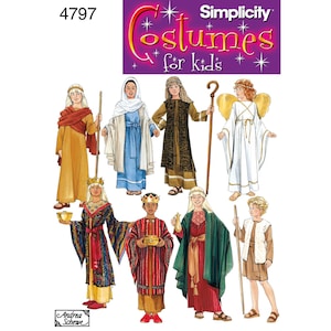 May include: Simplicity 4797 sewing pattern for kids' costumes featuring illustrations of eight historical and biblical outfits. The designs include robes, tunics, headpieces, a crown, a gold-colored bowl, a chest, a pitcher, and golden angel wings.