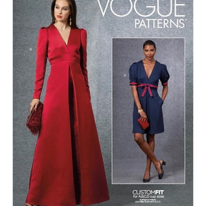 May include: Vogue Patterns sewing pattern featuring two dress designs. One is a long, red, V-neck gown with long sleeves. The other is a navy blue dress with a red bow and short sleeves. The text "VOGUE PATTERNS" is at the top.