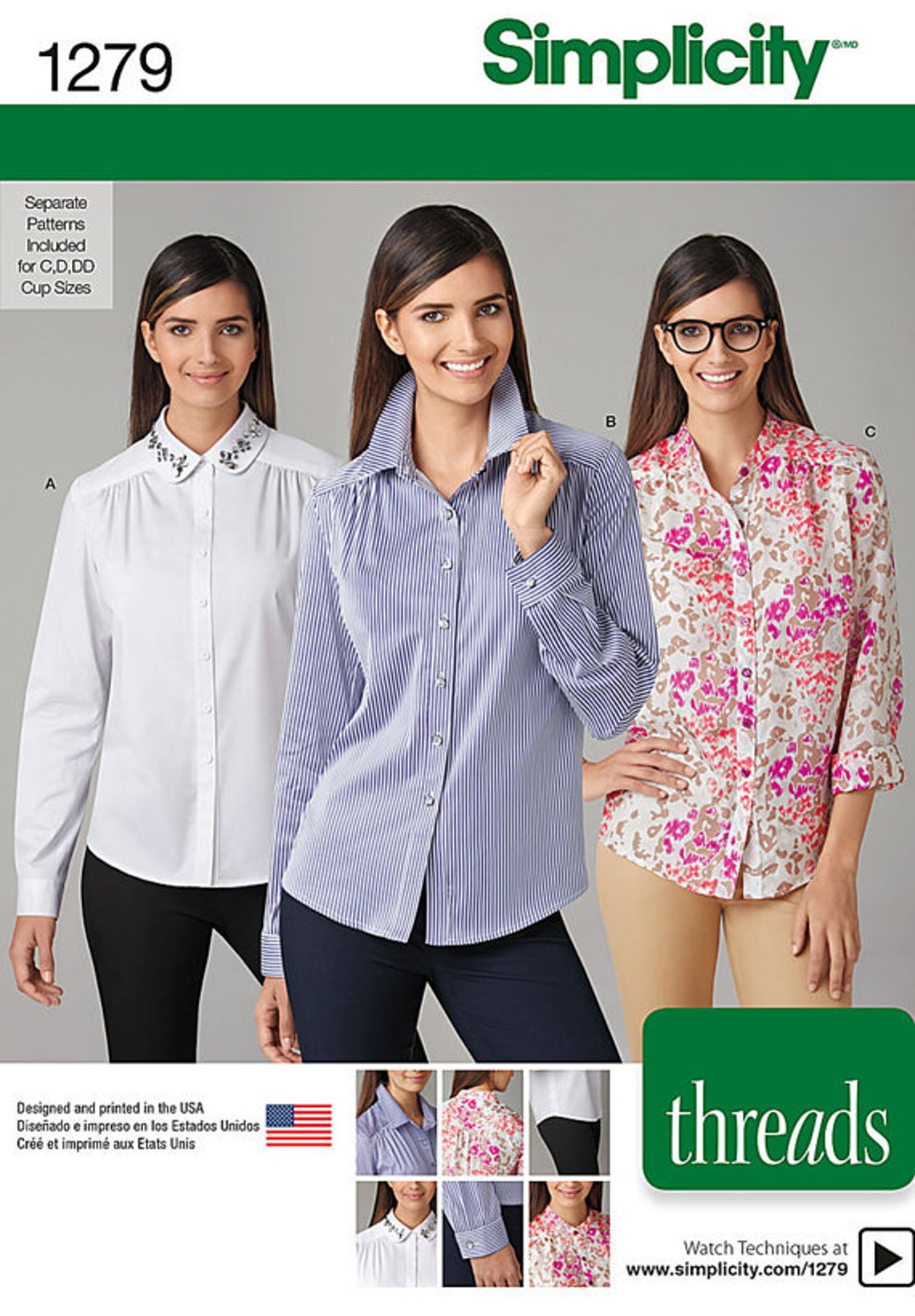 Simplicity 1279 Size 6-14 or 14-22 Misses Shirt With Collar Variations ...