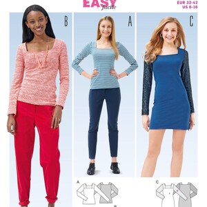 May include: A sewing pattern featuring three different garment designs: a long-sleeved top and pants, a striped top and pants, and a blue dress with sequined sleeves. The pattern includes the text "burda young" and "super EASY facile".