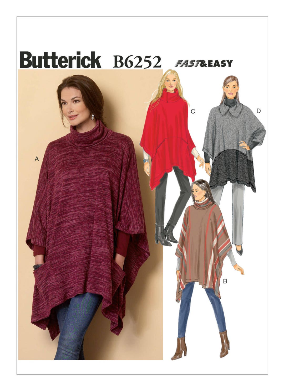Butterick B6252 Size 4-14 Misses Cowl Neck Pullover Poncho