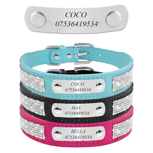 Personalised Engraved Rhinestone Dog Collars Pet Cat Puppy ID Name Collar XS-L