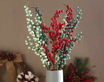12Pcs Artificial Snowy Red Berry Picks Stems Christmas Frosted Holly Berry Branches Xmas Winter Twig Spray Floral Arrangements Table Centerpieces DIY Crafts 10.6 Tall Red, 12 
