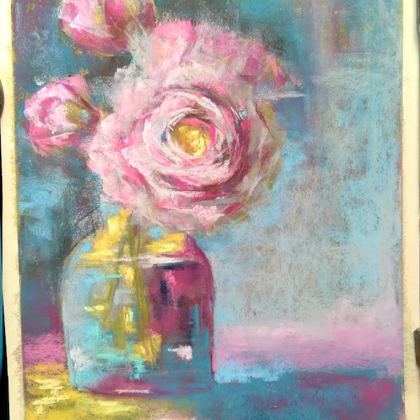 Original pink peony flower pastel painting, floral stilllife artwork