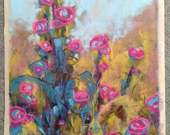 Original pink poppy flower pastel painting, floral artwork