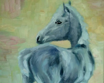 Original horse oil painting, gray foal painting, baby horse painting