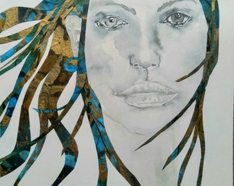 Original Watercolor Portrait, Gold Leaf Paper Collage, 9x12 Art