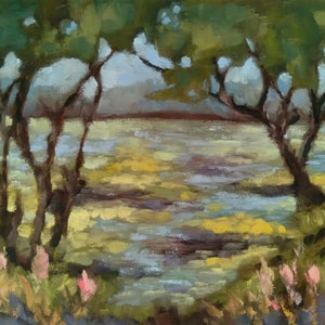 Original by the waters edge oil painting, waterside views artwork, landscape paintings