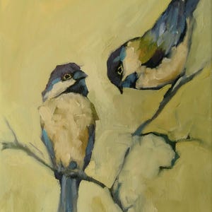 Original chickadee oil painting, chickadee bird painting, multiple chickadees on canvas