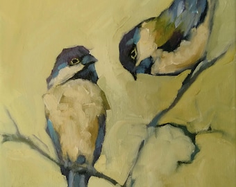 May include: A painting of two birds perched on a branch. The birds are painted in a realistic style with muted colors, including shades of blue, brown, and white. The background is a soft yellow.