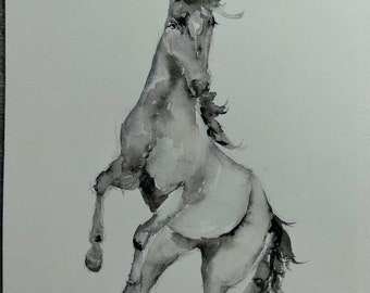 Original Black and White Horse Watercolor Painting, "Horse in Motion" Series (9x12)