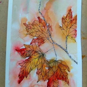 Original maple leaves in the fall watercolor and ink pen painting, fall colors artwork