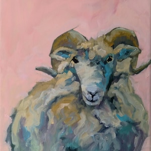 Original blue Ram lamb sheep oil painting, farm animal artwork, wildlife painting