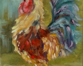 Original Rooster Oil Painting, Barnyard Art (9x12)