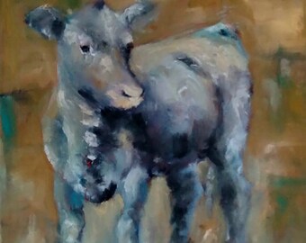 Original cow oil paintings, calf artwork, baby farm animal paintings