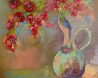 Original Peachy Pink Rose Oil Painting, Floral Still Life, 14x14 Canvas