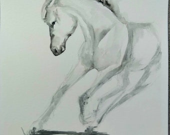 Original Black and White Horse Watercolor Painting, "Horse in Motion" Series (9x12)