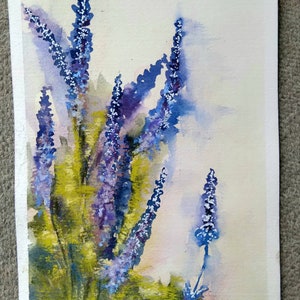 Original lavender ink pen, soft pastel, and watercolor painting,  blue and purple flower artwork