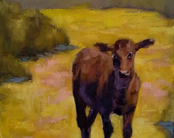 Original cow oil paintings, calf artwork, baby farm animal paintings