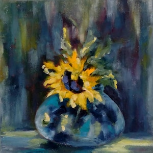 Original sunflower still life oil painting, yellow flower art, flower and vase painting
