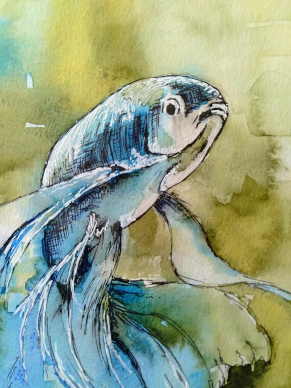 Original Blue Koy Fish Watercolor Ink Painting, Blue Fish Painting, Fish  Watercolor Painting 