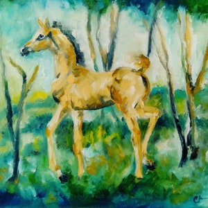 Original horse oil painting,tan or palomino foal painting, baby horse painting