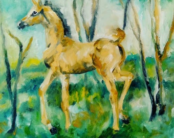 Original horse oil painting,tan or palomino foal painting, baby horse painting