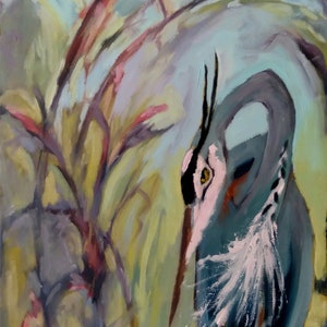 Original Blue heron oil painting, tall blue bird oil painting, waterbird art